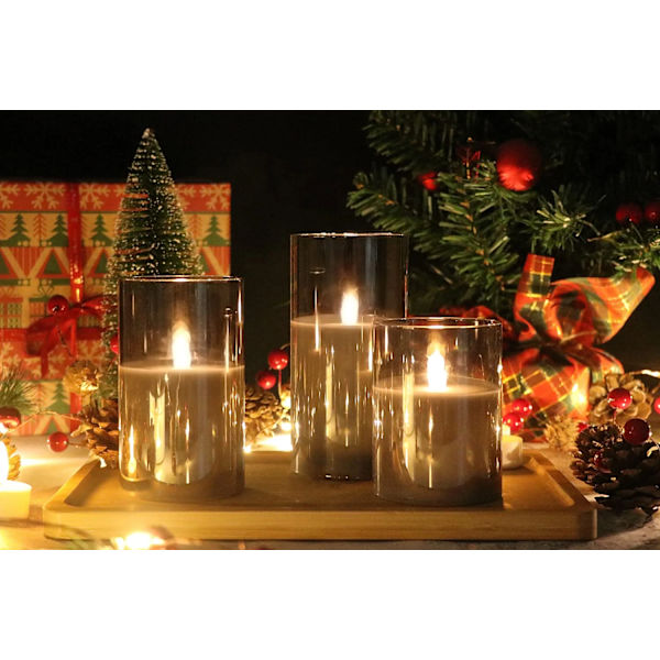 Grå glas batteridrivna flamlösa LED-ljus med 10-tangent fjärrkontroll och timer
