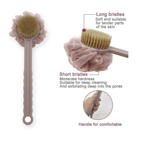Ryggbørste, ryggbørste med 2-i-1 svamp loofah bust kroppsbørste og langt håndtak dusj ryggbørste forbedrer hudrose