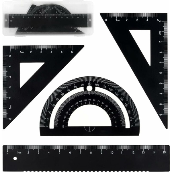 Metalligeometriasarja, 4 osaa, 15 cm viivain, 180° astelevy, 60° neliö, 45°