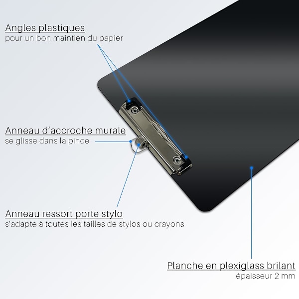 A4 Klipsholder med Penholder - Stiv Plastplade - 22,5x31,5 cm - Sort