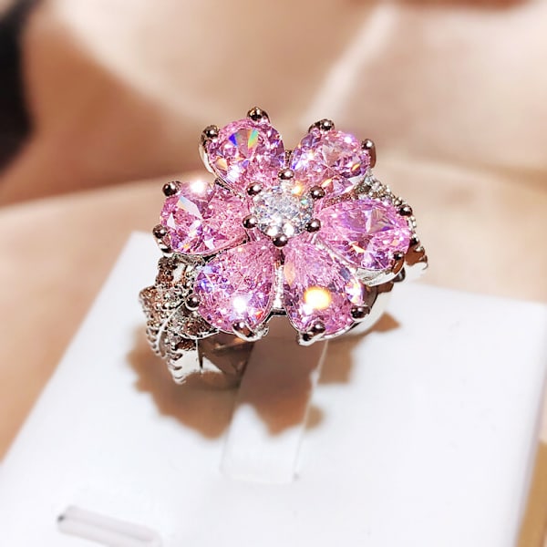 Glittrande ring med full diamant, guldcocktailring, tårformad rosa kubik 10 nummer