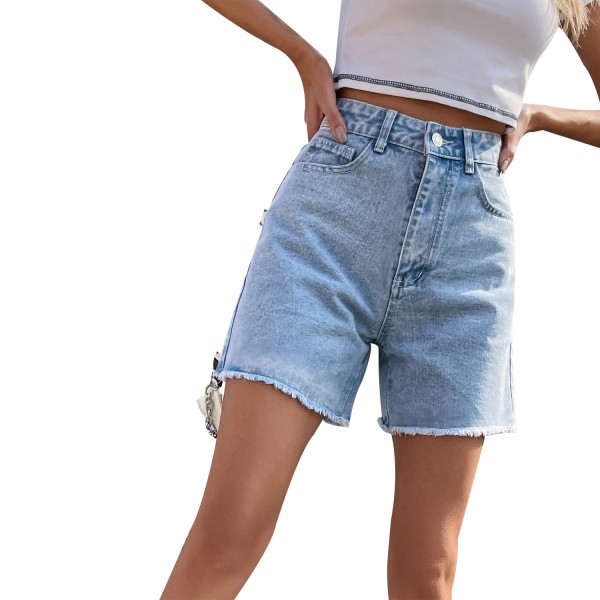 Dameshorts med høy midje Straight Leg Raw Hem Jean Shorts Summer Hot