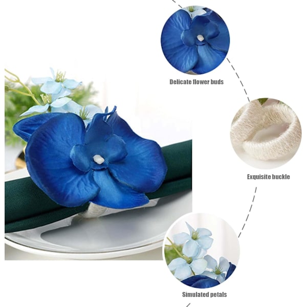 12 stk Serviettringer, Kunstige Blomster Serviettringer, Falske Blomster Serviettholder, Serviettring, til Middagsfest, Bryllupsbordsdekorasjon (Blå)