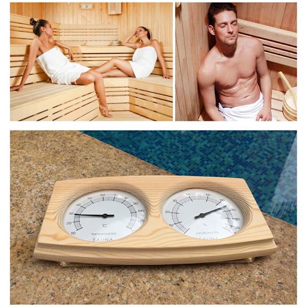Termometer och hygrometer i furu för bastu, bakgrundsspa, bastutillbehör