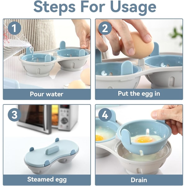 Mikrobølgeovn Æg Pokker, 2 Hulrum Spiselig Silikon Æg Dræn, Dobbelt Æg Kopper til Hårdkogte Æg, Køkken Madlavnings Gadgets. (Blå 22*11.8*8cm)