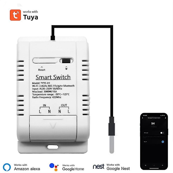 Tuya/Ewelink Smart Temperatur Wifi-bryter 16A 3000W Intelligent Overvåking Termostat Kompatibel