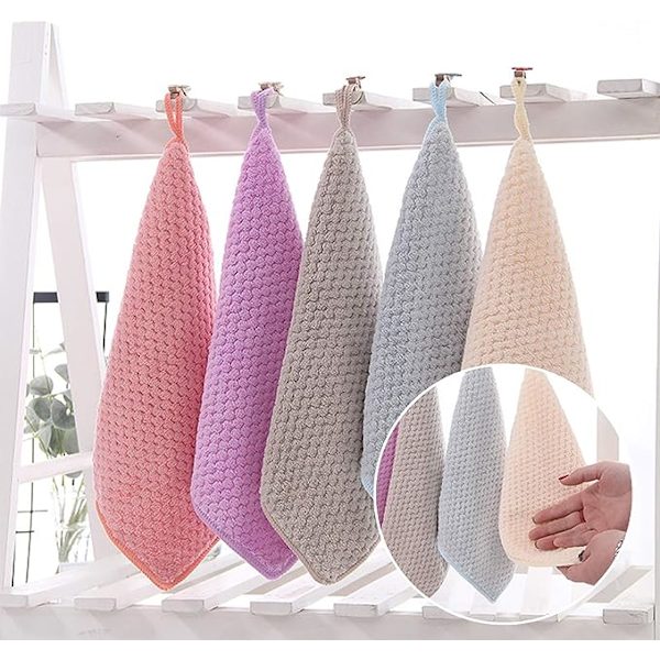Små handdukar med hängande ögla, 25*25cm handdukar, superabsorberande mjuka handdukar med hängande ögla, set om 5, beige rosa grå blå lila