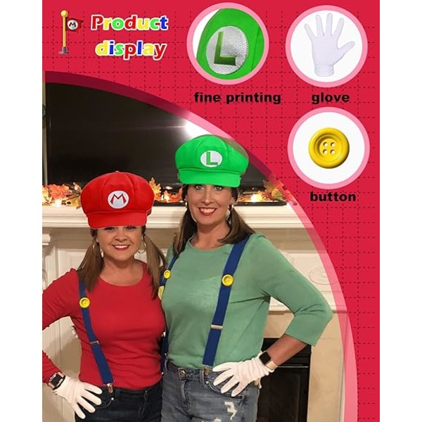 Super Bros Mary & Luigi Hat Kostume til Voksne Uisex Cap Handsker F