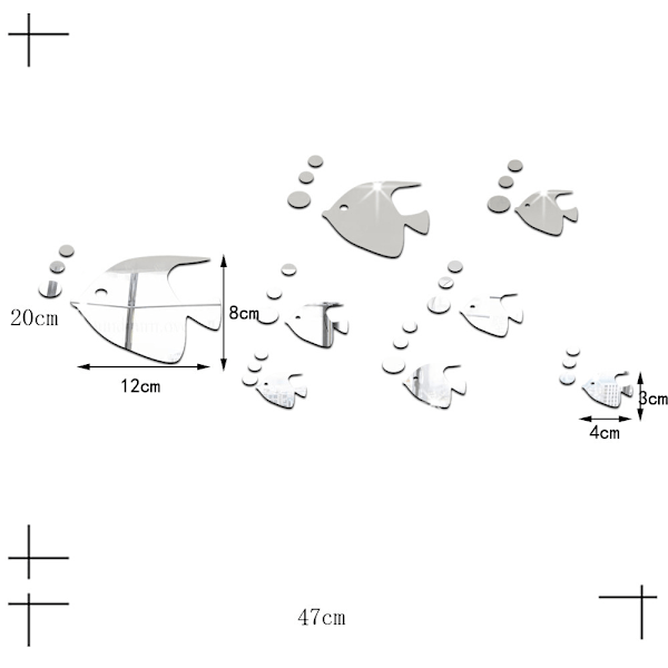 8 stk. 3D Tropiske Fisk Spejl Effekt Vægstickers Mode Design Dekal Kunst Hjem Dekoration Sølv