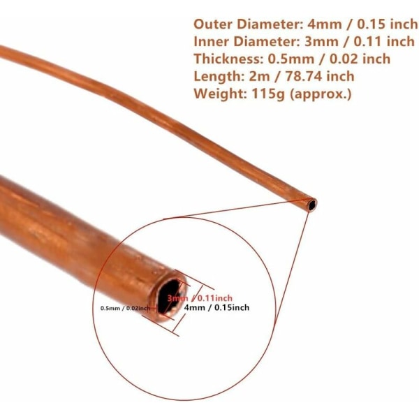 -Kobberrør, 2 m, blødt kobberrør, udvendig diameter 4 mm x indvendig diameter 3 mm, rørruller til køleledninger (udvendig diameter 4 mm, indvendig diameter 3 mm)