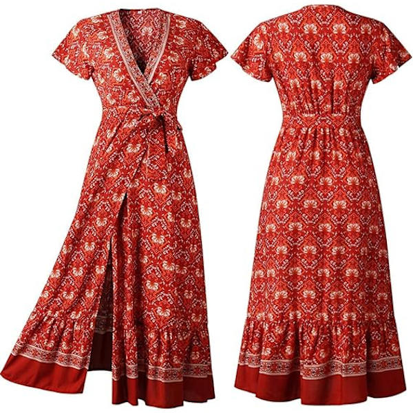 Kvinders Boho Sommer Side Slit Dyb V-hals Kort Ærme Lang Nederdel Bælte，XL