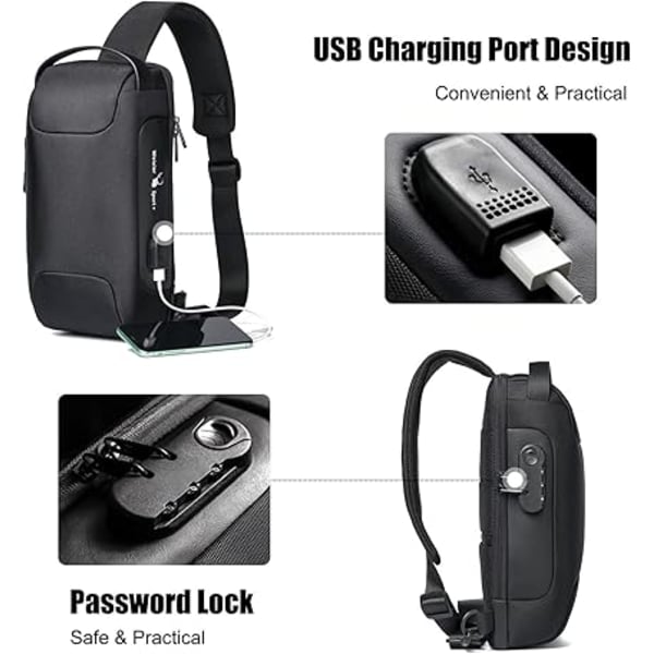 Stöldskydd Bröstväska Crossbody Väska Män Kvinnor Vandring Messenger Väska med USB Axelväska Satchel kompatibel Resor Sport Crossbody Cykling Motorcykel