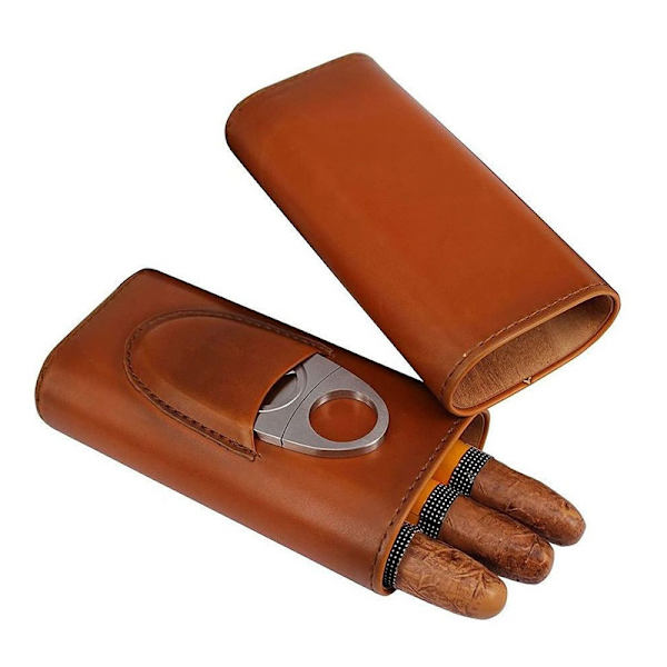 Premium 3-Finger Brun Læder Cigar Etui, Cedertræforet Cigar Humidor med Sølv Rustfrit Stål Cutter 16.5*7.5*3.8CM