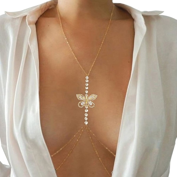 Rhinestone brystkjede kroppssmykker bikini sommerfugl krystall midjekjede Rh