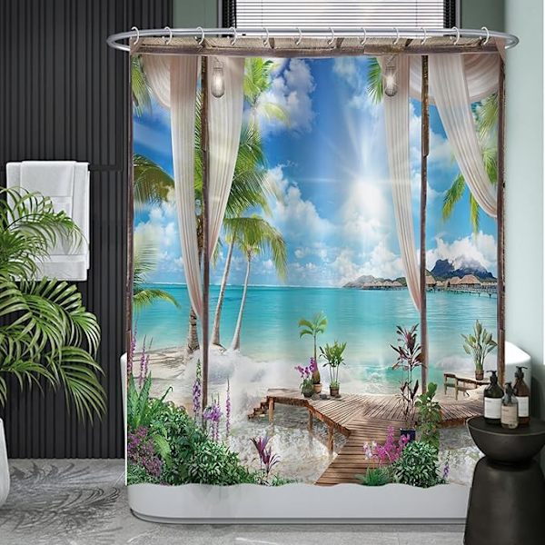 Duschdraperi, strand- och havsmotiv, natur, 180 x 200 cm, tvättbar, anti-mögel, med 12 ringar, blå, vit, grön
