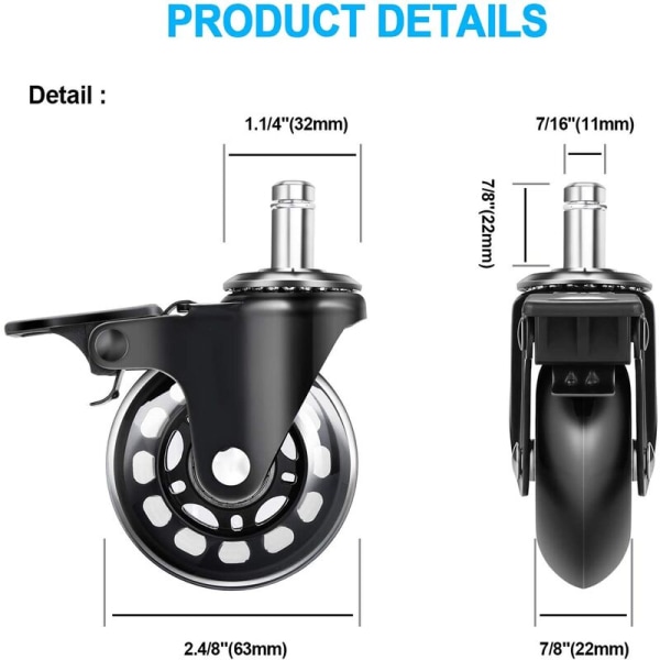 5-pakning kontorstol erstatningshjul (med bremser), Heavy Duty stol Caster