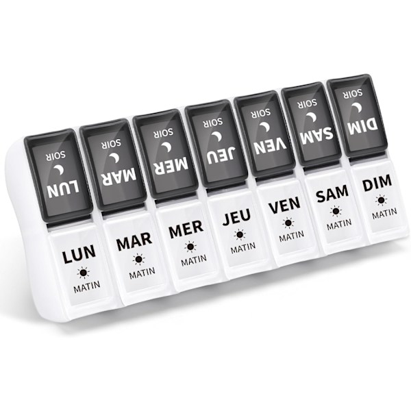 Ranskalainen Viikoittainen Pill Box Aamu ja Ilta, Pienet Irrotettavat Pill Boxit 7 Päivää 14 Lokeroa Viikoittainen Pill Box 2 Kertaa - Musta Valkoinen