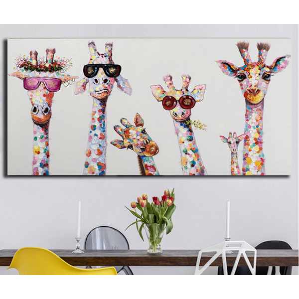 Dekorativt lærredsbillede, farverig giraf dyrefamilie, 30x60CM