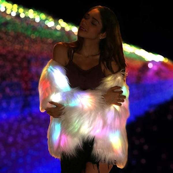 Led Pelsfrakke til Kvinder Regnbue Funklende Lys Op Jakke Hvid Pelsagtig Rave Kostume L
