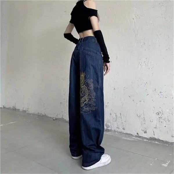 Amerikanska retro street loose broderade raka jeans kvinnor 2022 nya c