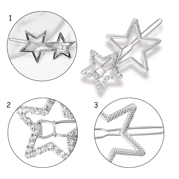 6 stk. hule stjerne hårklemmer, skridsikre geometriske hårnåle i metal, elegante hårspænder med rhinsten (sølv)