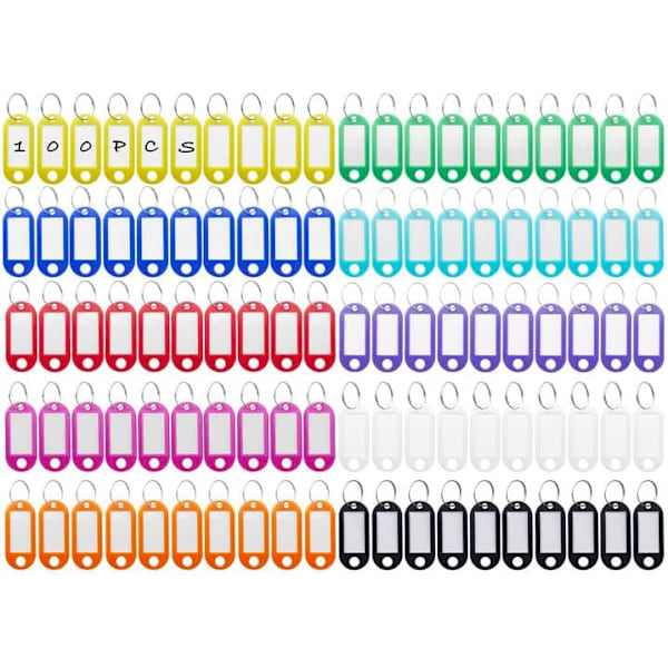 100 stk nøkkelringer, plastnøkkelmerker, skrivbare fargede nøkkelringer i 10 farger, i identifikasjonsmerker med nøkkelring, for nøkler, bagasje eller kontor