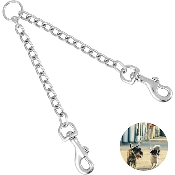 Metallisk dobbel hundekobling, flokefri tyggebestandig hundekjede hundekobling forlengelseskobling for 2 hunder 40CM sølv