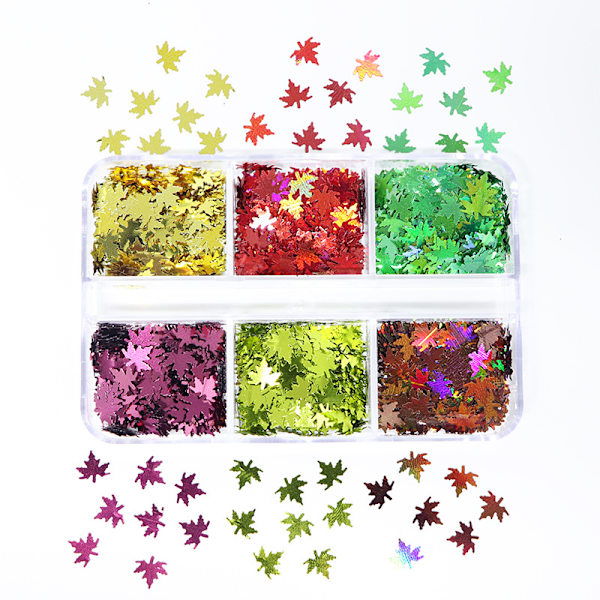 6 rutnät/låda glänsande metallisk färg lönnlöv paljetter kreativa holografiska nagelkonst glitter paljetter för höst vinter nagel