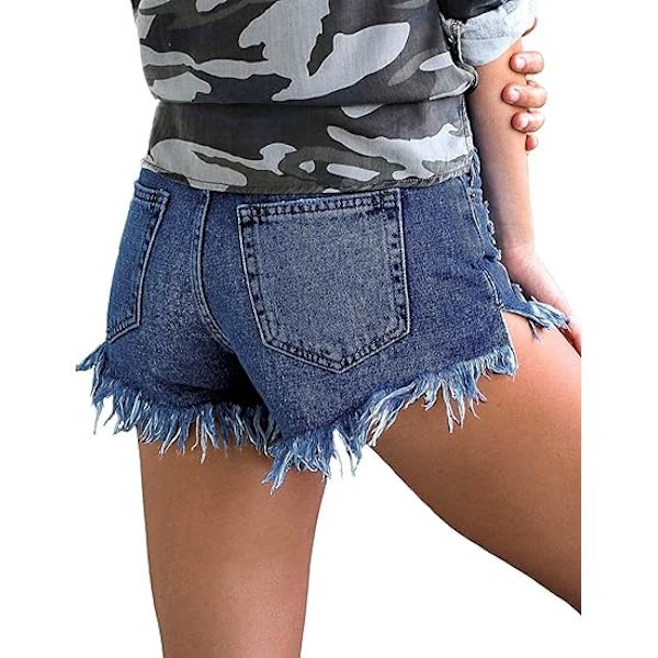 Högmidjade jeansshorts för kvinnor med fransad rå fåll och slitna shorts