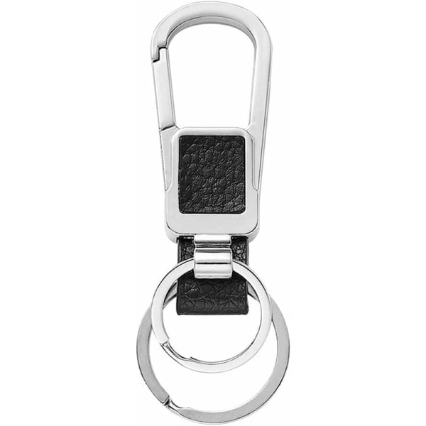Lädernyckelring för män och kvinnor, bilnyckelring (med 2 extra ringar) (svart