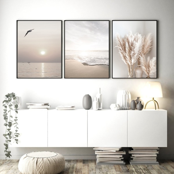 Set med 3 snygga väggkonstaffischer för vardagsrum - solnedgång - strand - Unfram