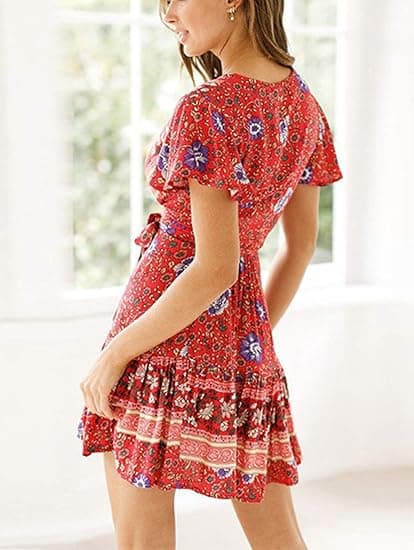 Kvinnors klänning sommar wrap boho blommigt tryck volangfåll kort ärm V-ringning
