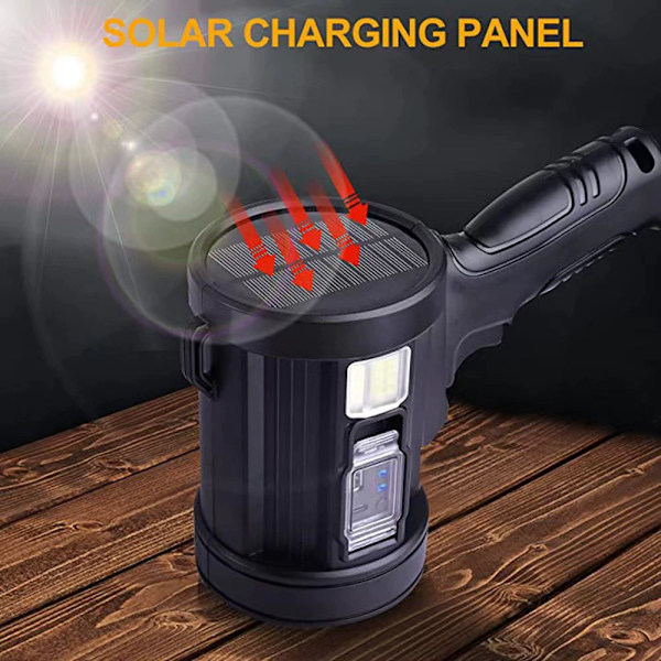 Uppladdningsbar Spotlight, Handhållen Ficklampa Stor Super Stark Utomhus Solcellsdriven Strålkastare, (Svart)