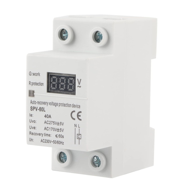 Spændingsregulator, 230V 40A Automatisk Genopretning Overspændings- og Underspændingsbeskyttelsesenhed DIN-Skinnemonteret Beskytter