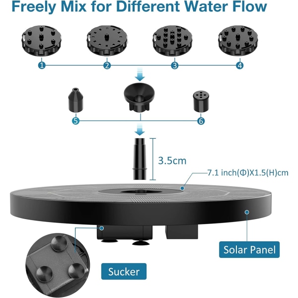 Utendørs flytende solfontene 3,5W solcelledrevet dam pumpe med 6 dyser for fugl