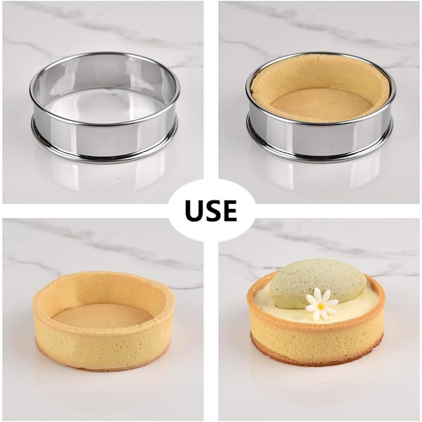 6 stk. Runde Muffinsforme, Tartforme i Rustfrit Stål, Madform til Bøf, Stegte Æg, Tortilla, Højde 2,5 cm (Diameter 10 cm, 3,9 tommer)