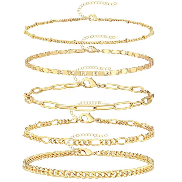 Femdelat armbandset för kvinnor, 18K guldpläterat kedjearmband