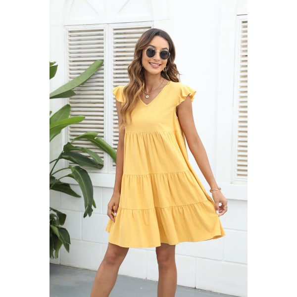 Kvinders afslappet trykt flæse flutter ærmer Swing Tiered kjole gul XL