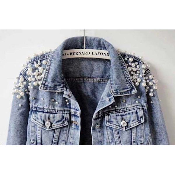 Kvinners brodert nagleperle kort denim jakke frakk, XL