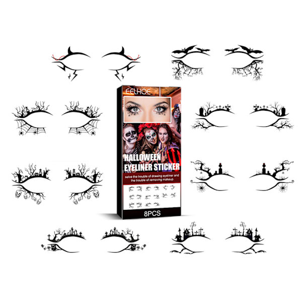 8 kpl Halloween Eyeliner -tarra silmätilapäivätarrat Lepakko Hämähäkkiverkko Kuvio