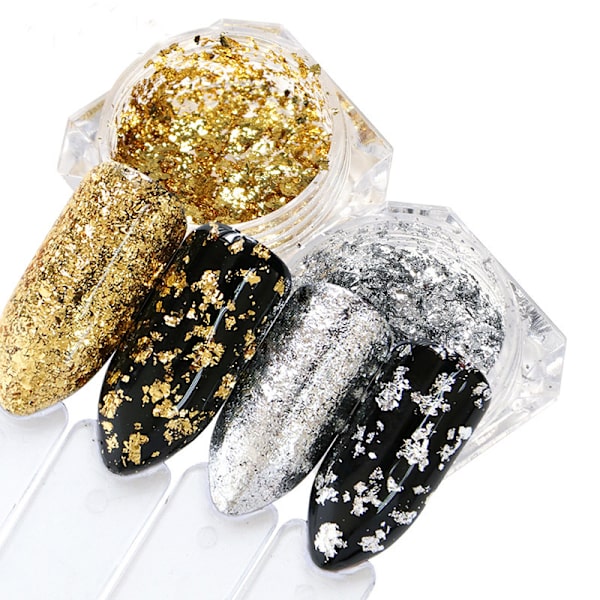 Silver och guld nagelglitter nagelfolie holografiskt glitter nagelpulver kit