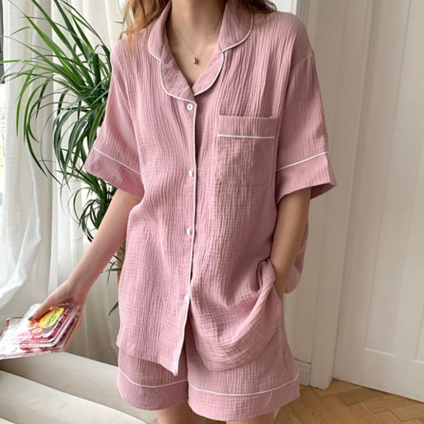 Kvinners Pyjamas Sett - 2-delt Bomull Kort Ermet Knapp Ned Skjorte og Shorts
