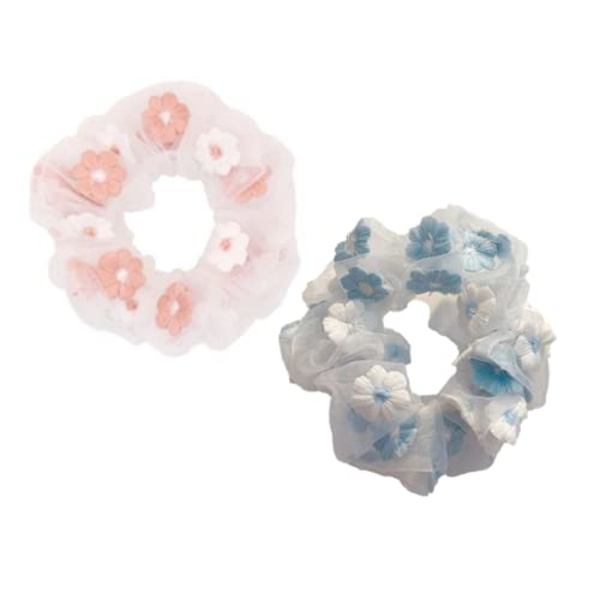 2 stk. broderet tylblomster hår scrunchie, vintage hår loop til piger og kvinder (pink, blå)