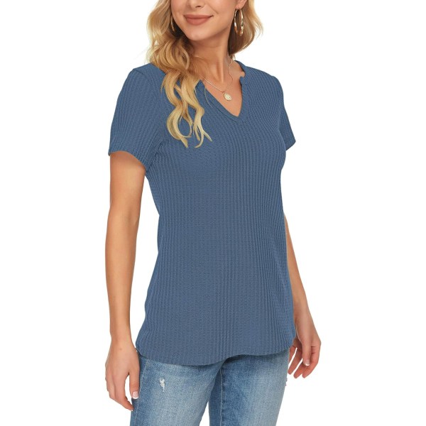 Kvinners sommer vaffel strikket kort ermet tunika topper V-hals Henley løs bluse