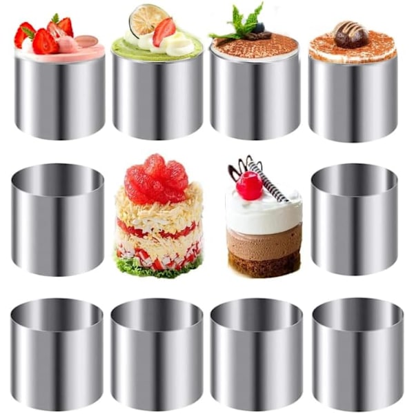 10 stk. Rustfrit Stål Bageforme, Runde Kageforme, Mousse Ringe, Runde Kageudstikkere, Dessert Ring Bageforme til Fondant, Sushi
