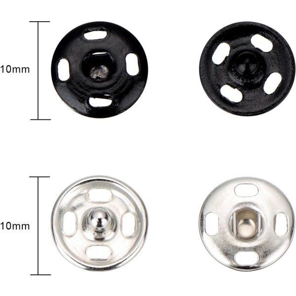 48 set sy-på tryckknappar i metall tryckknappar tryckknappar för sömnad kläder, svart och silverfärgad, 10 mm