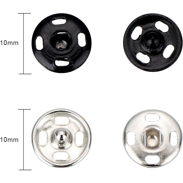 48 sett sy-på trykknapper i metall, trykknapper for søm av klær, svart og sølvfarget, 10 mm