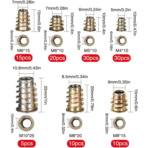 120 Pieces Zinc Alloy Hex Nuts Assortment, Nut Inserts Furniture Hex Socket