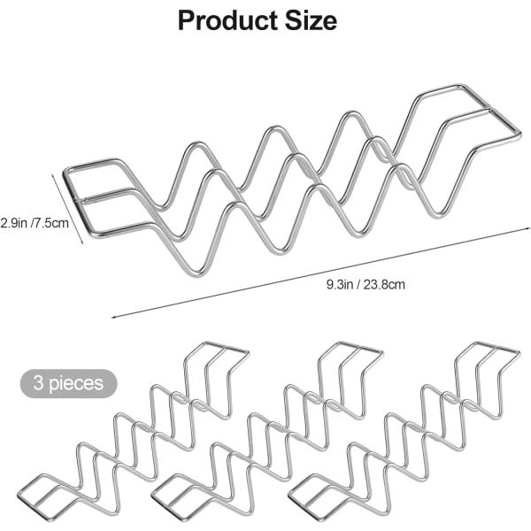 Taco-holdere, sett med 3, taco-stativ i rustfritt stål, taco-brett for taco-tilbehør, holder 4 tacoer hver, ovnsikker for baking, oppvaskmaskin- og grillsikker