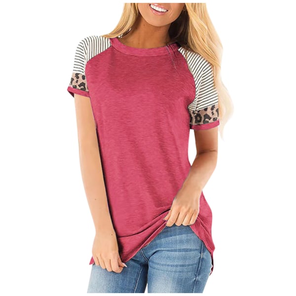 Kvinners T-skjorter Kort Ermet Stripete Fargeblokk Leopard Casual Topper Karmin